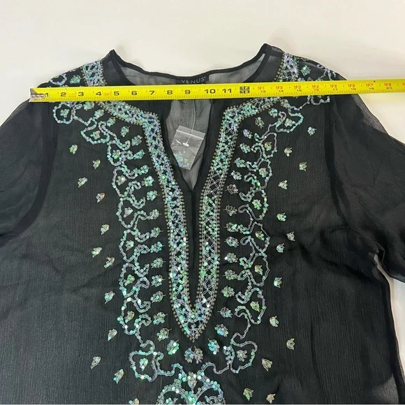 VENUS  Silk Sheer Black Swimsuit Coverup V-Neck Sequin Detailing Tunic Women's M - Picture 8 of 11